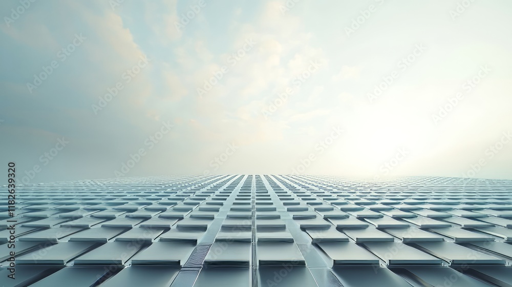 Fototapeta premium Futuristic glass building facade reflecting sky and clouds