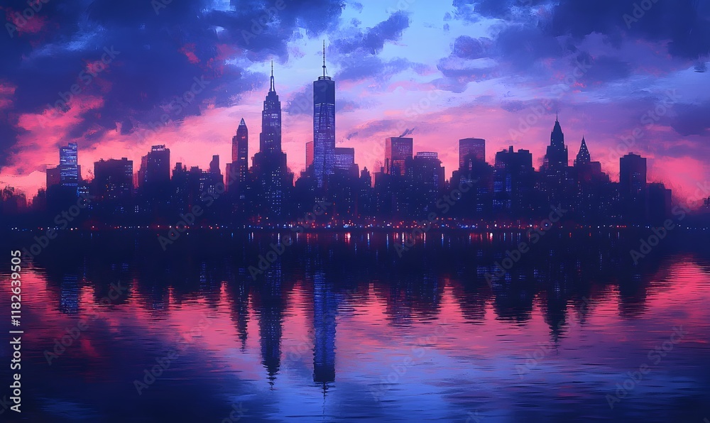 Obraz premium The majestic city skyline mirrored in a body of water, with the colors of dusk