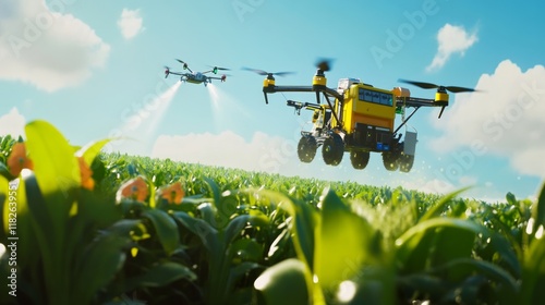 Advanced agricultural drones spraying crops in sunlit field photo