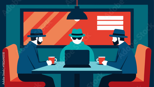 Undercover Support Officers sitting at a cozy diner booth looking at a laptop that shows a new cover story being created for the witness.