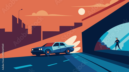 Under the Overpass A dynamic scene of the police car chasing the suspect beneath a city overpass with graffiti on the walls and shadows creating a dramatic effect.
