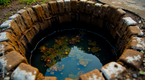 A small pond in the middle of a brick wall photo