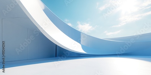 A minimalist interior design concept featuring a curved white wall and a blue sky in the background