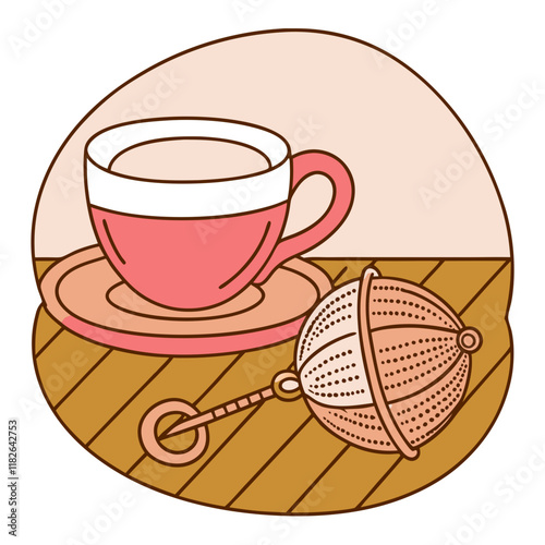 Cup of tea with tea strainer on wooden table illustration