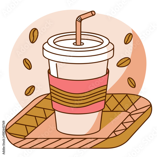 Takeaway coffee cup with straw on decorative tray