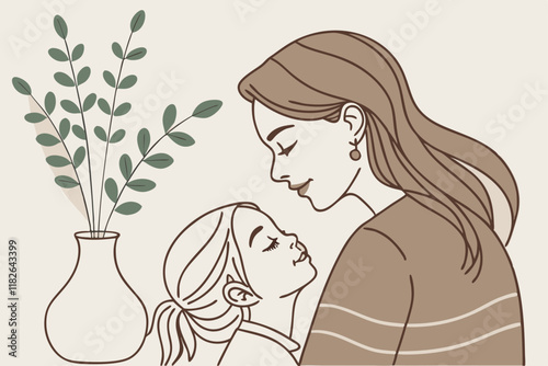 Tender mother and child embrace, watercolor painting, soft earthy tones, eucalyptus leaves in white vase, gentle brushstrokes, muted background, intimate family moment, side profile, long flowing hair