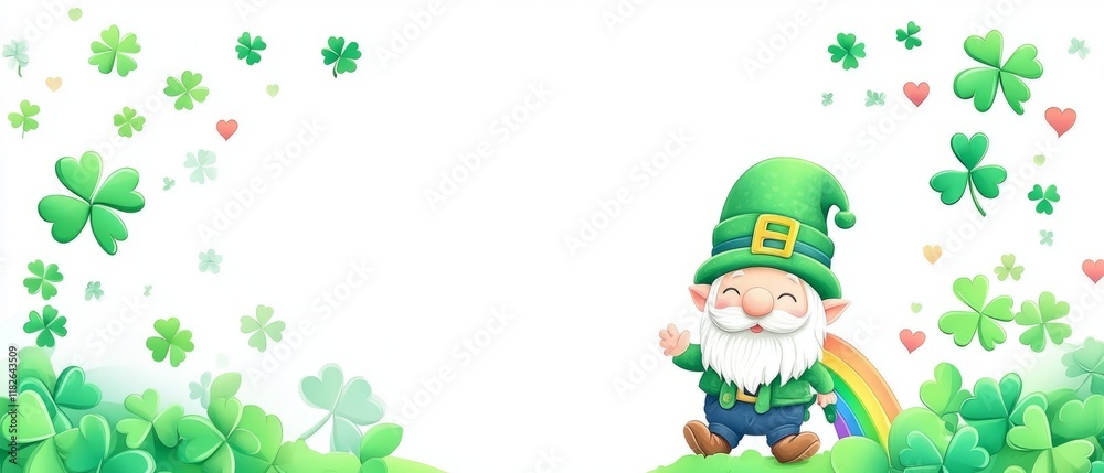 Fototapeta premium Cheerful elf with shamrocks and rainbow on st. patrick's day