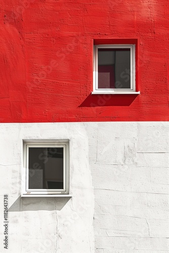 Minimalist red and white wall with two windows