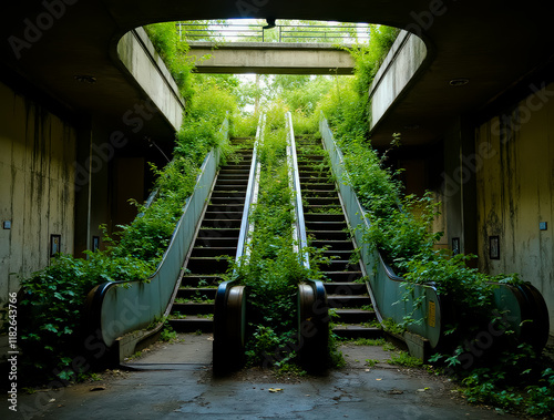 An escalator in an abandoned building with plants growing up the stairs