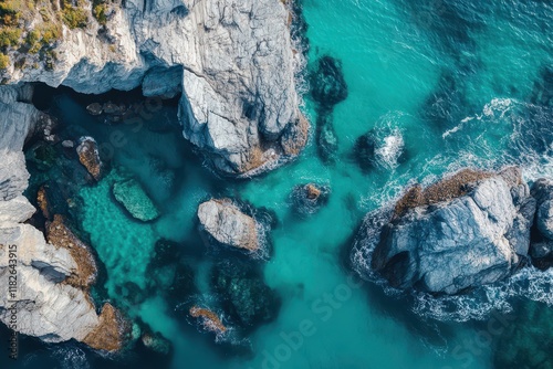 Vibrant turquoise waters embrace rocky coastline under bright sunlight, revealing hidden underwater treasures and natural beauty