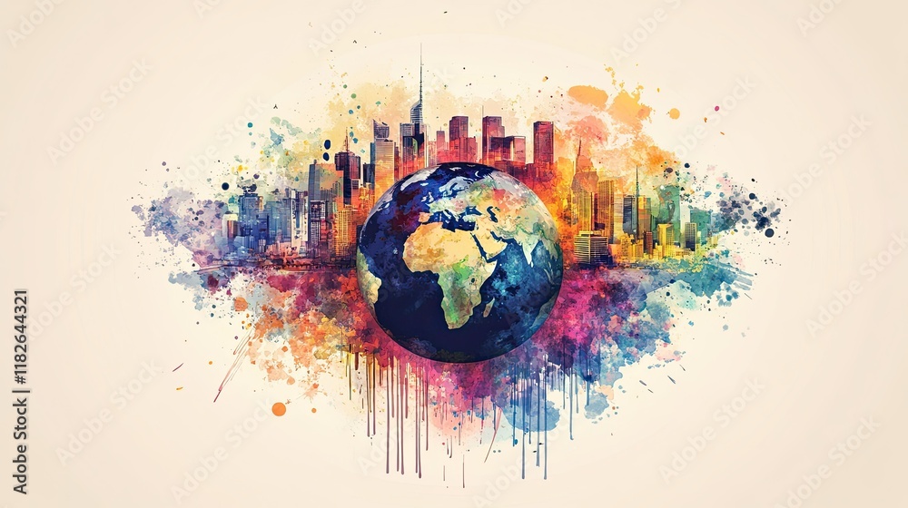 Obraz premium Abstract, colorful planet Earth with a big city skyline in the background, illustration design vector