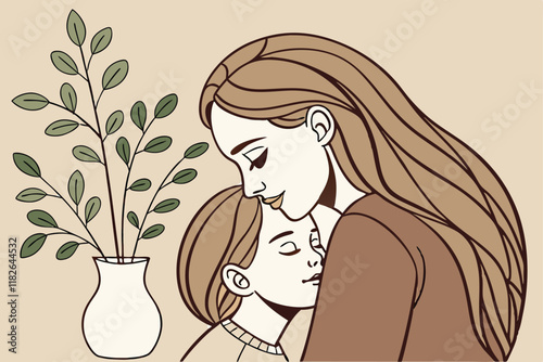 Tender mother and child embrace, watercolor painting, soft earthy tones, eucalyptus leaves in white vase, gentle brushstrokes, muted background, intimate family moment, side profile, long flowing hair