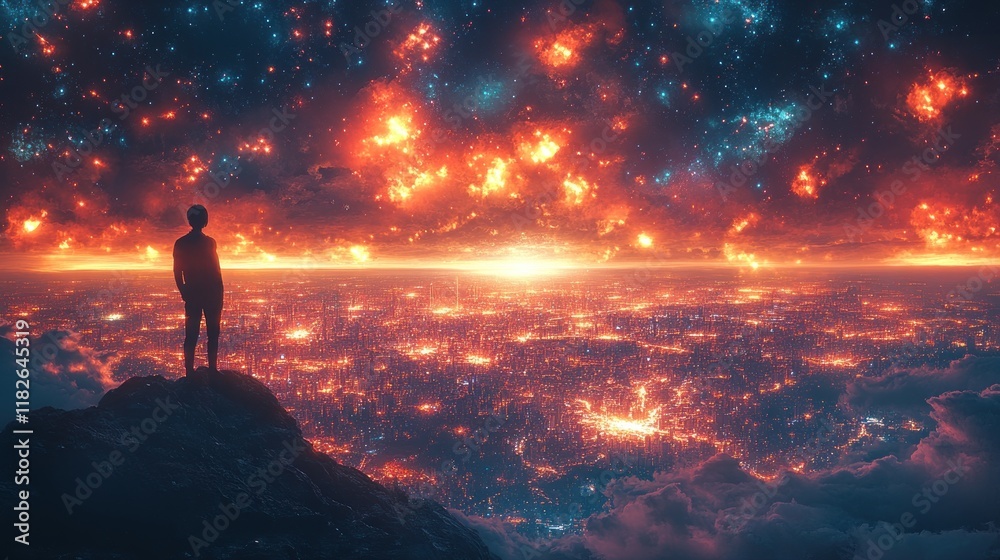 Obraz premium A figure stands on a rocky outcrop, gazing at a vibrant cosmic landscape filled with stars.