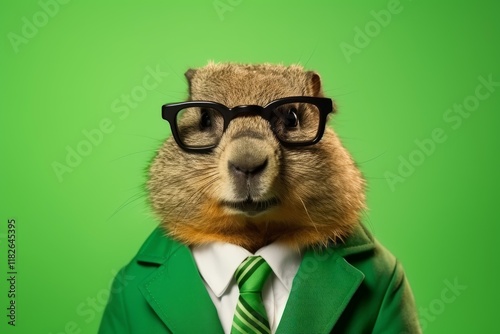 Groundhog wearing a green suit and glasses is ready for groundhog day