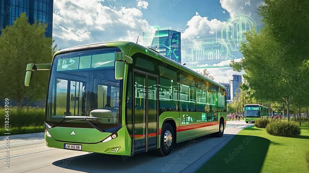 Autonomous electric bus driving on city street with augmented reality graphics