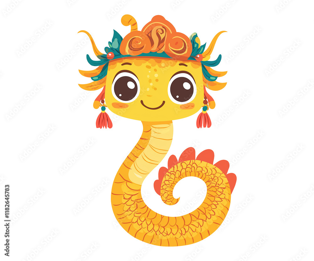 Fototapeta premium Cute cartoon baby snake illustration with chinese dragon head hat - isolated PNG on transparent background