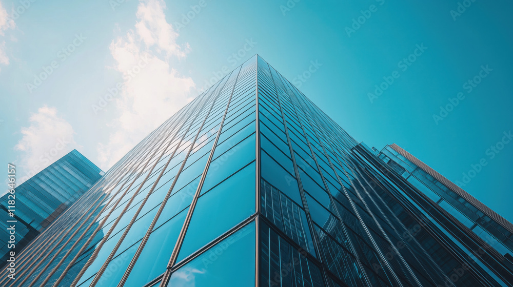 Sleek Modern High-Rise Buildings with Reflective Glass Surfaces Against a Clear Blue Sky and Bustling City Streets Sleek Modern High-Rise Buildings with Reflective Glass Surfaces Against a Clear Blue Sky and Bustling City Streets