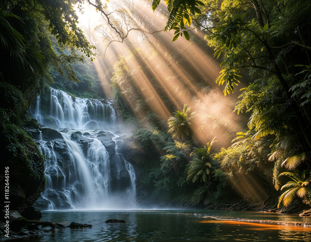 Fototapeta premium Sunlight streams through trees, illuminating a waterfall