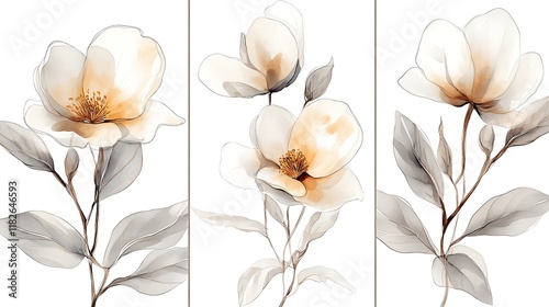 Botanical Art with Ink and Watercolor - Vertical Triptych Panel 3