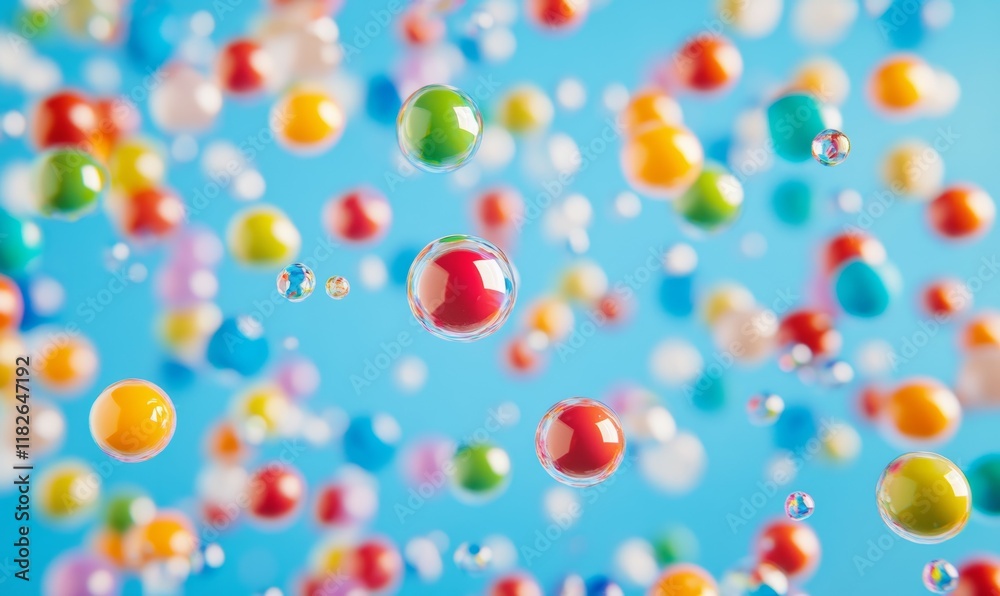 Floating Multicolored Capsules on Blue Background Floating Multicolored Capsules on Blue Background