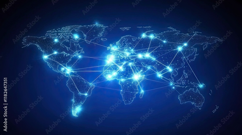 Abstract global network concept with a world map and glowing connection lines on a dark blue background Abstract global network concept with a world map and glowing connection lines on a dark blue background