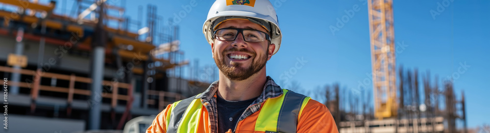 Obraz premium A man wearing a hard hat and safety vest standing in front of a construction site