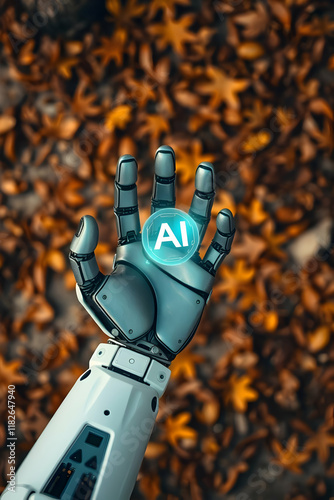 Close-up of a robotic hand holding a glowing holographic projection of the letters 'AI,' symbolizing artificial intelligence and advanced technology. photo