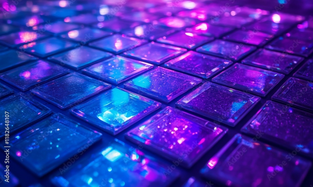 Purple and blue disco floor with a purple and blue light shining on it. The floor is made of small squares of glass Purple and blue disco floor with a purple and blue light shining on it. The floor is made of small squares of glass
