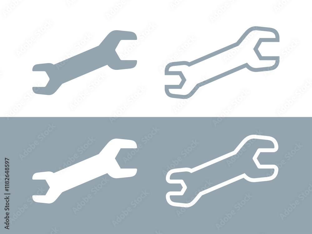 Wrench icon. Tool for assembling mechanisms, connecting nuts and bolts. Symbol of repair, service or production of equipment. Attribute of a master, auto repair shop or factory. Wrench icon. Tool for assembling mechanisms, connecting nuts and bolts. Symbol of repair, service or production of equipment. Attribute of a master, auto repair shop or factory.