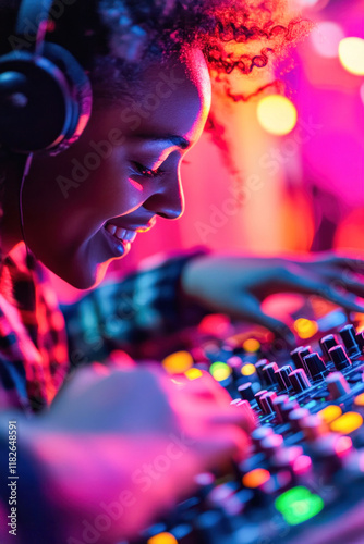 Female disc jockey mixing music on colorful stage photo