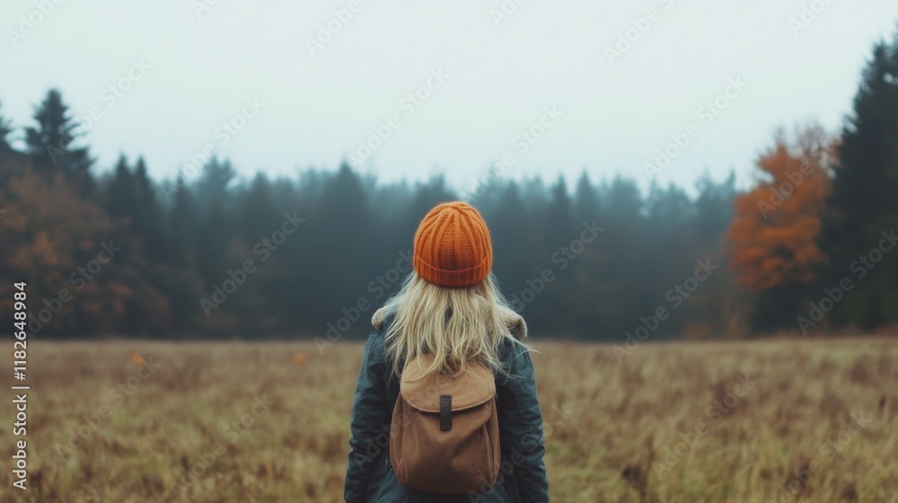 Woman with backpack in autumn field, facing forest. Woman with backpack in autumn field, facing forest.