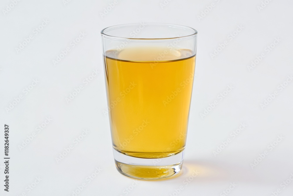 A clear glass holds golden cider against a white backdrop, showcasing its rich color and inviting clarity. This beverage is perfect for casual gatherings or relaxation moments A clear glass holds golden cider against a white backdrop, showcasing its rich color and inviting clarity. This beverage is perfect for casual gatherings or relaxation moments