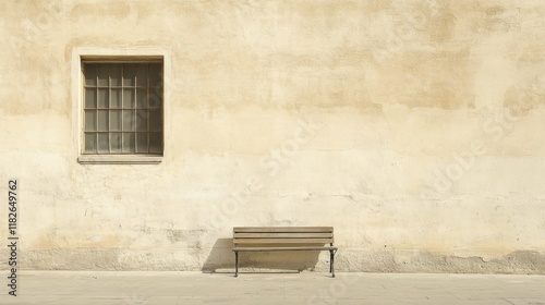 Wooden bench against a textured, pale yellow wall with a small barred window.