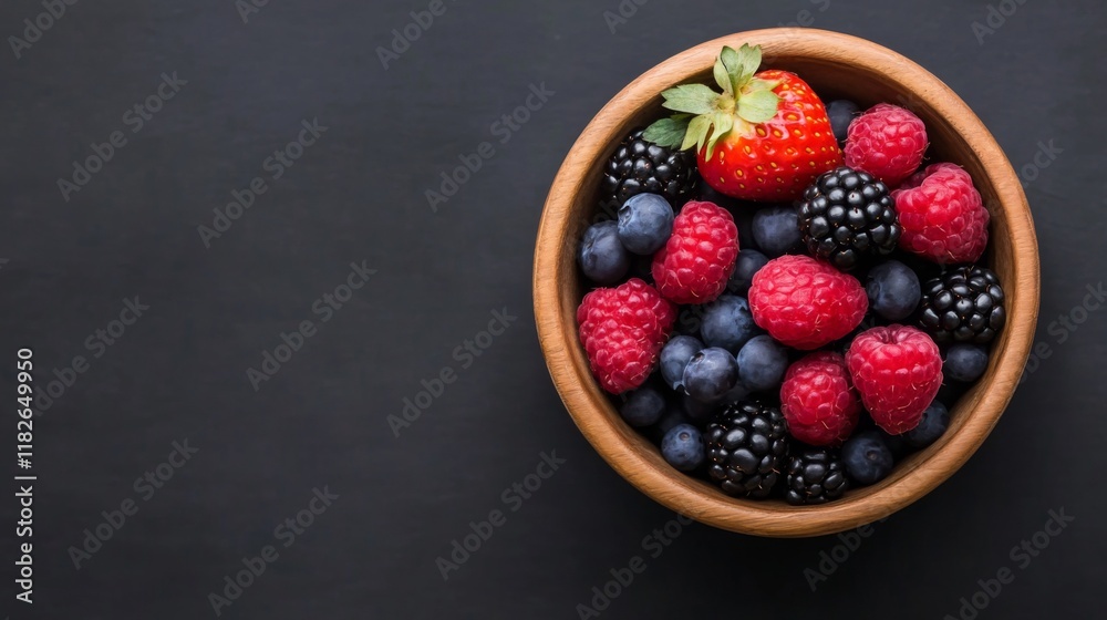 Wooden bowl filled with assorted fresh berries raspberries, blueberries, blackberries and strawberry on dark background.