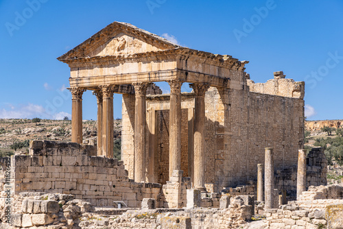 Dougga, Beja, Tunisia. The Capitol Temple at the Roman ruins.