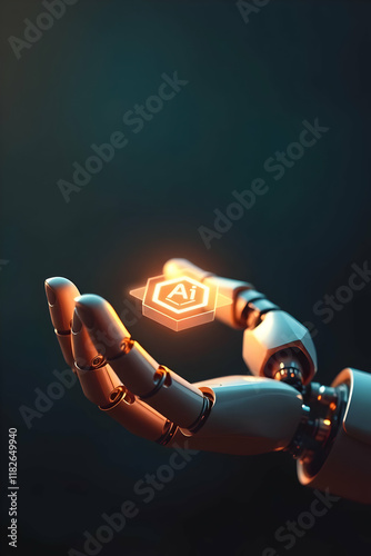 Close-up of a robotic hand holding a glowing holographic projection of the letters 'AI,' symbolizing artificial intelligence and advanced technology. photo