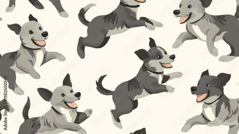Vector seamless pattern of dogs. Gray chaotic dogs.