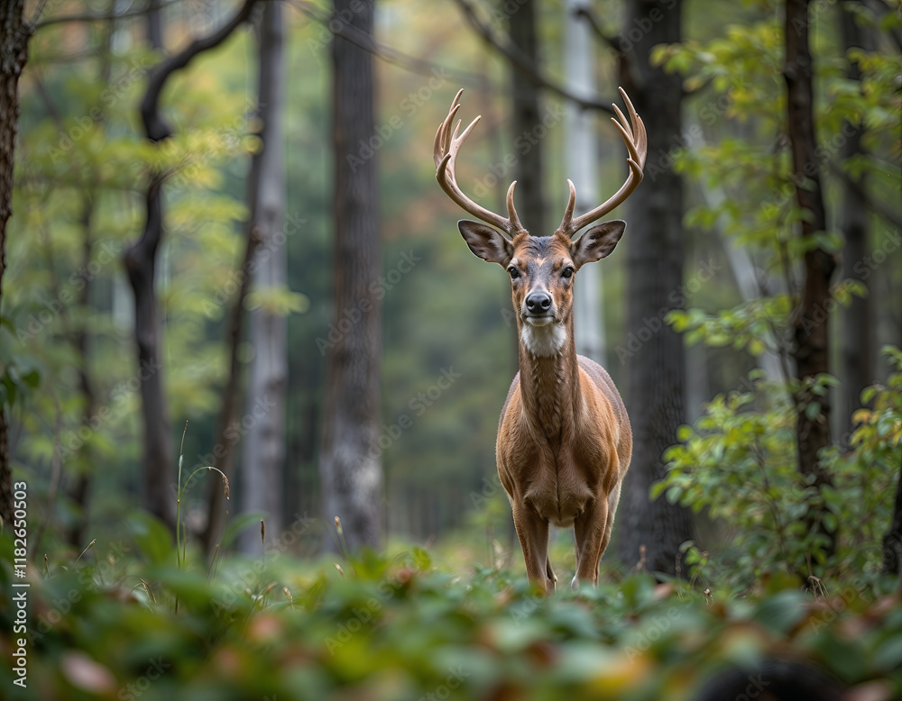 a deer with large antlers standing in a forest clearing a deer with large antlers standing in a forest clearing