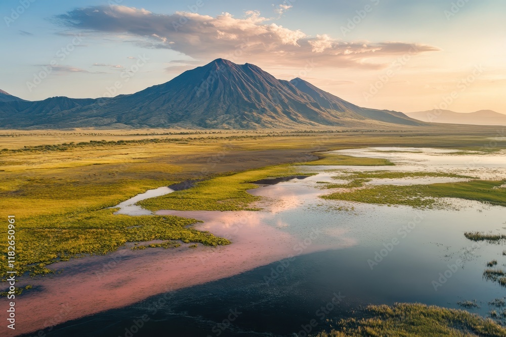 Breathtaking landscape showcasing mountains reflecting in tranquil waters at sunset in a lush valley Breathtaking landscape showcasing mountains reflecting in tranquil waters at sunset in a lush valley