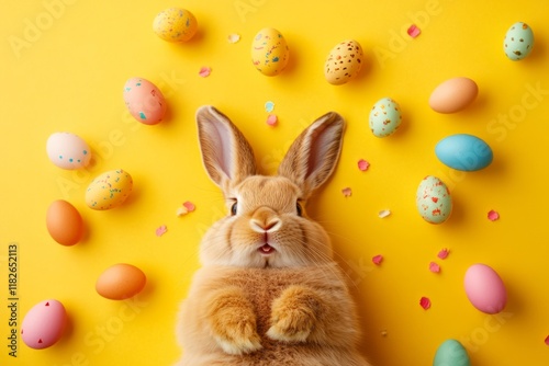 Playful easter bunny surrounded by colorful decorative eggs on vibrant yellow background