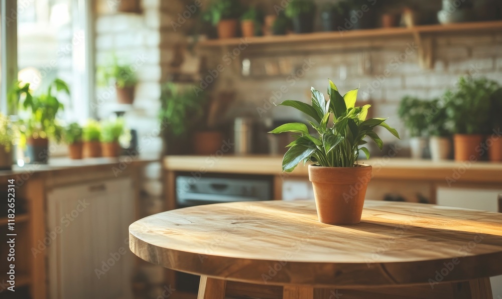 Fototapeta premium Potted plant sits on a wooden table in a kitchen. The table is round and made of wood. The kitchen is well-lit and has a lot of greenery