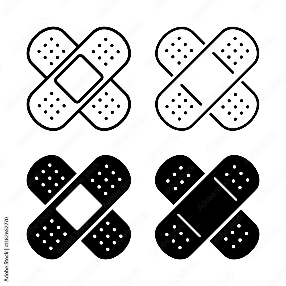 Band-Aid (adhesive plaster) icon. Symbol of treatment or medicine. Attribute of a doctor, pharmacy or hospital. Means of protection and treatment of a wound or cut. Band-Aid (adhesive plaster) icon. Symbol of treatment or medicine. Attribute of a doctor, pharmacy or hospital. Means of protection and treatment of a wound or cut.