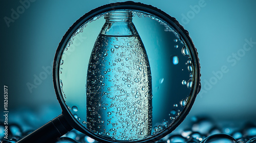 Magnified view of water bottle through glass lens. Drinking water standards and regulations, safety and analysis themes
