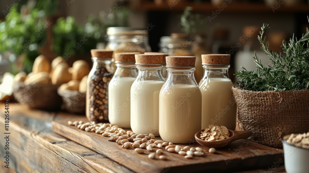 Assorted plant-based milks and ingredients on rustic wooden countertop Assorted plant-based milks and ingredients on rustic wooden countertop