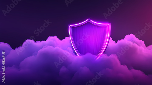 Neon shield amidst clouds representing cloud security protection, data safety, and cybersecurity concepts in a purple-themed illustration. Cloudspire. Illustration photo