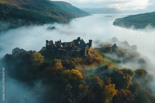 Misty ruins rise above the serene waters of a tranquil lake, capturing the essence of nature’s beauty in the early morning light photo