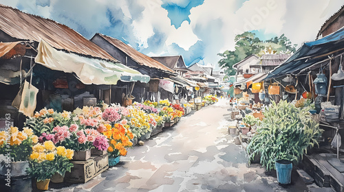 Paintin landscape watercolo of peacock flowers in the locals market. Cloudspire. Illustration photo