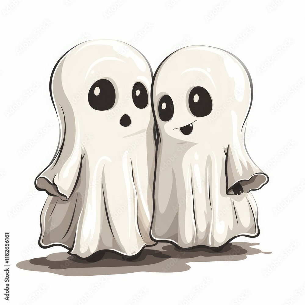Two adorable cartoon ghosts with big eyes are posing together Two adorable cartoon ghosts with big eyes are posing together