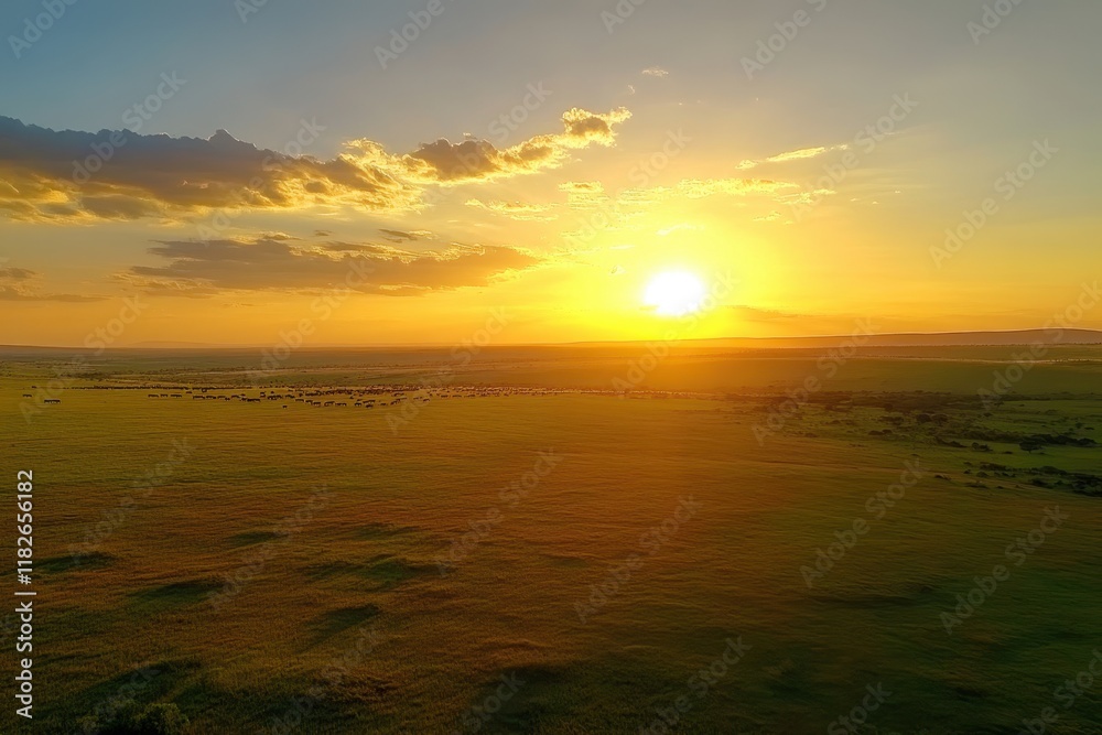 Naklejka premium Majestic sunset over the endless grasslands bursting with color and life in the savannah at dusk
