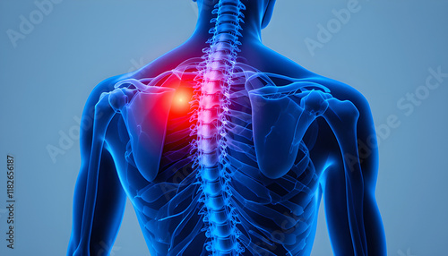 3D rendering of human spine with highlighted shoulder pain, blue skeletal structure, medical anatomy visualization on gradient background photo